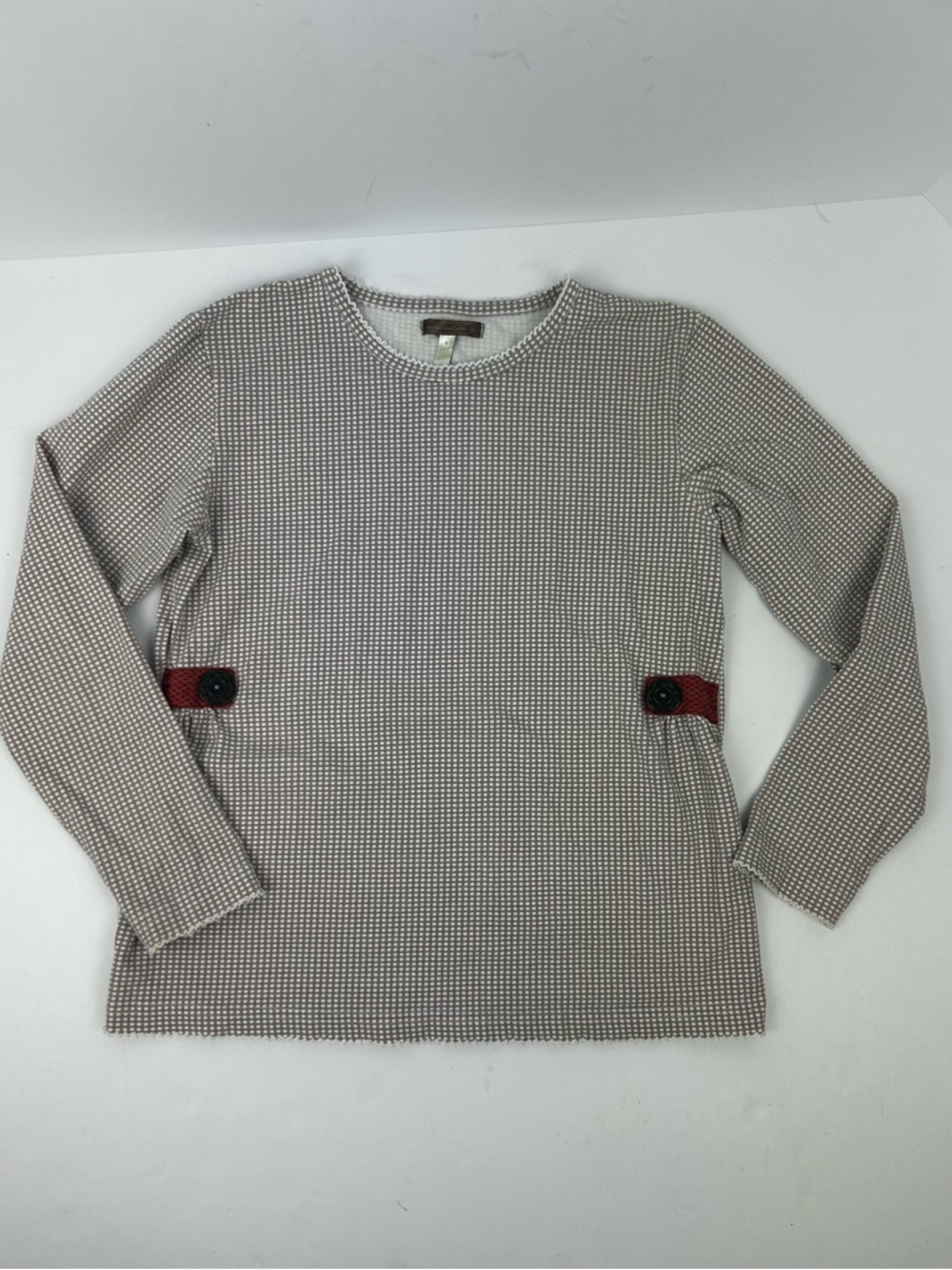 Matilda Jane Cameo Tee taupe or gray polka dot print Accent Tabs flower buttons